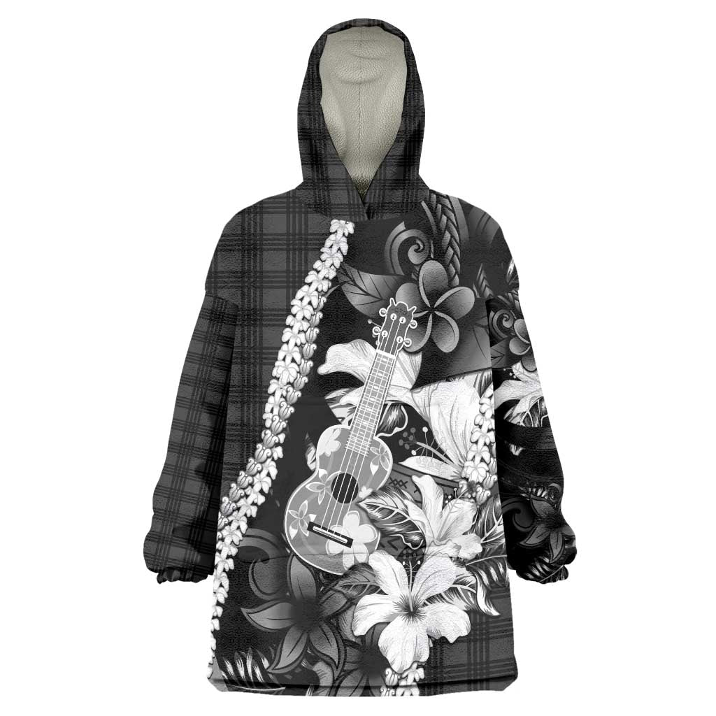 Hawaii Ukulele Wearable Blanket Hoodie Tropical Flowers With Palaka Effect Black Version LT05 One Size Black - Polynesian Pride