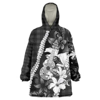 Hawaii Ukulele Wearable Blanket Hoodie Tropical Flowers With Palaka Effect Black Version LT05 One Size Black - Polynesian Pride