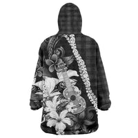 Hawaii Ukulele Wearable Blanket Hoodie Tropical Flowers With Palaka Effect Black Version LT05 - Polynesian Pride