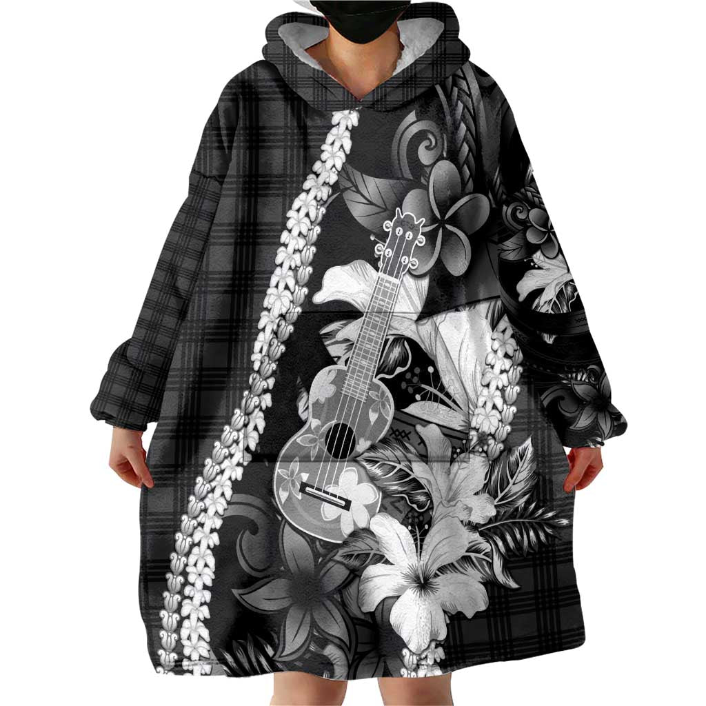 Hawaii Ukulele Wearable Blanket Hoodie Tropical Flowers With Palaka Effect Black Version LT05 - Polynesian Pride