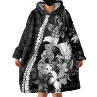 Hawaii Ukulele Wearable Blanket Hoodie Tropical Flowers With Palaka Effect Black Version LT05 - Polynesian Pride
