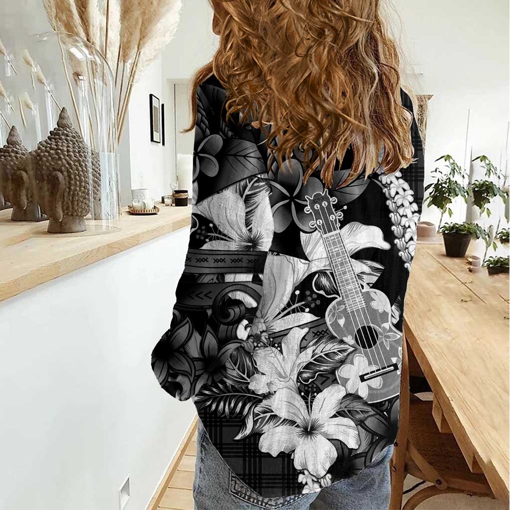 Hawaii Ukulele Women Casual Shirt Tropical Flowers With Palaka Effect Black Version LT05 - Polynesian Pride
