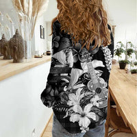 Hawaii Ukulele Women Casual Shirt Tropical Flowers With Palaka Effect Black Version LT05 - Polynesian Pride