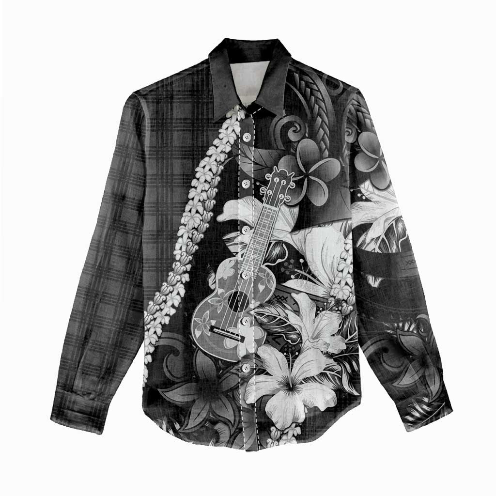 Hawaii Ukulele Women Casual Shirt Tropical Flowers With Palaka Effect Black Version LT05 - Polynesian Pride