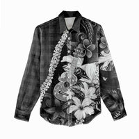 Hawaii Ukulele Women Casual Shirt Tropical Flowers With Palaka Effect Black Version LT05 - Polynesian Pride