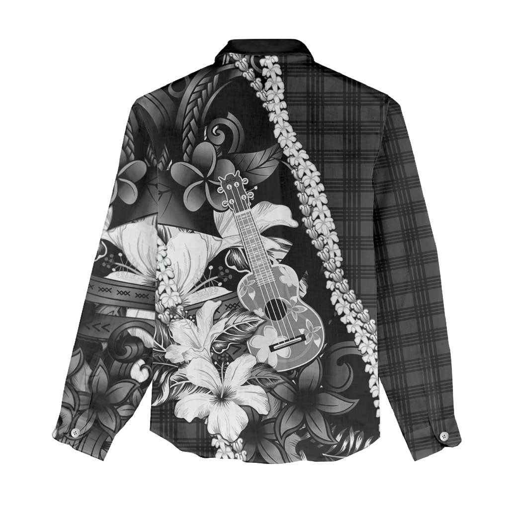 Hawaii Ukulele Women Casual Shirt Tropical Flowers With Palaka Effect Black Version LT05 - Polynesian Pride