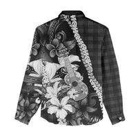 Hawaii Ukulele Women Casual Shirt Tropical Flowers With Palaka Effect Black Version LT05 - Polynesian Pride
