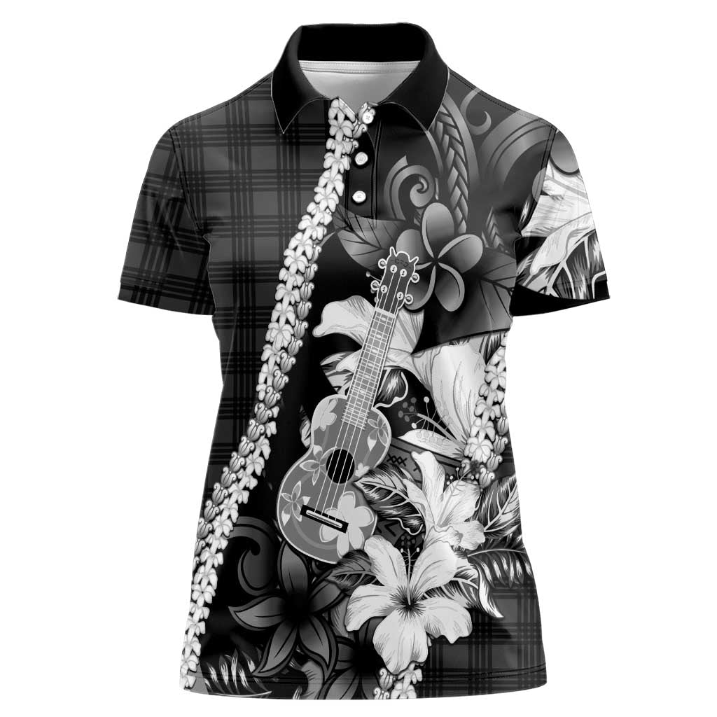 Hawaii Ukulele Women Polo Shirt Tropical Flowers With Palaka Effect Black Version - Polynesian Pride