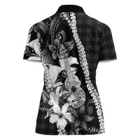 Hawaii Ukulele Women Polo Shirt Tropical Flowers With Palaka Effect Black Version - Polynesian Pride