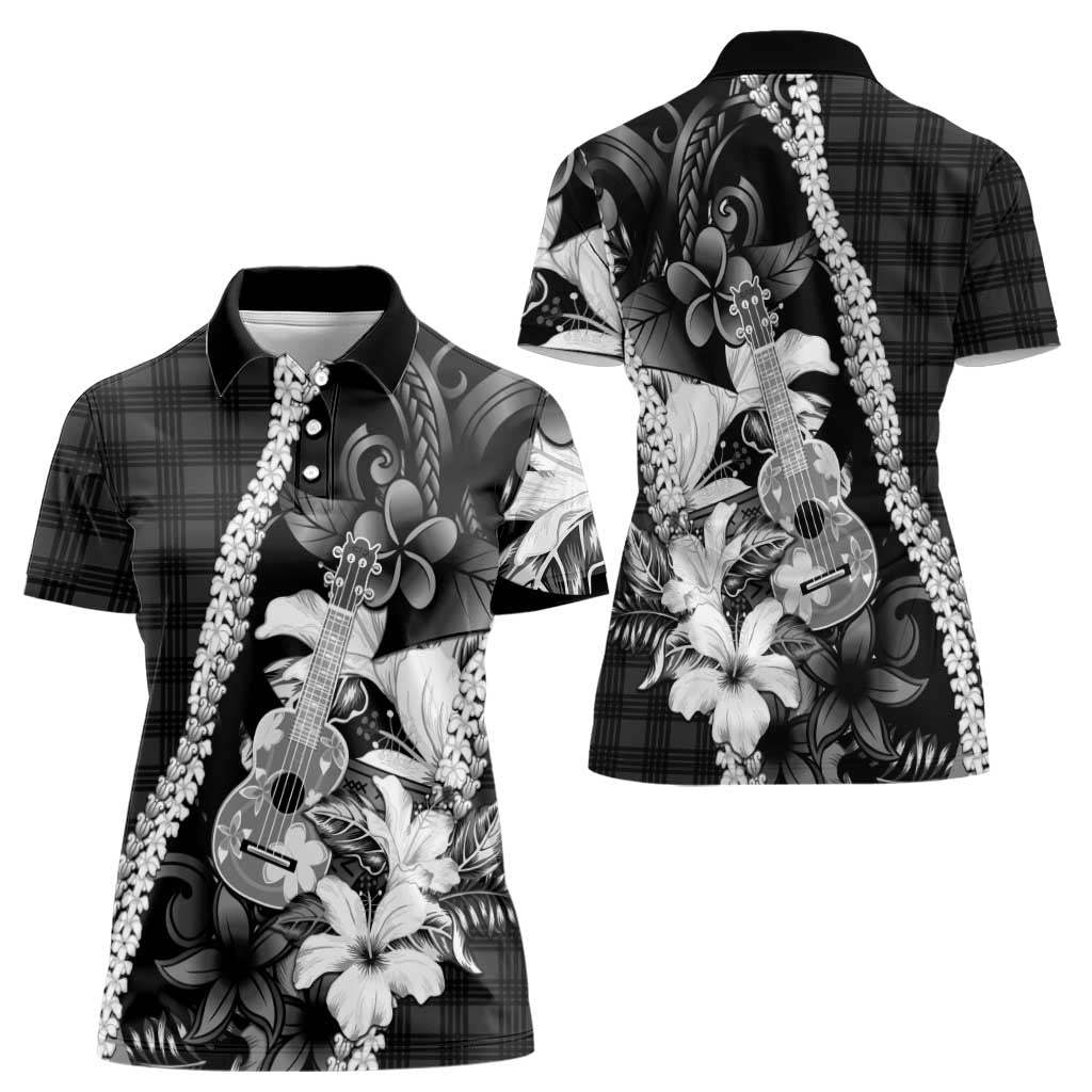 Hawaii Ukulele Women Polo Shirt Tropical Flowers With Palaka Effect Black Version - Polynesian Pride