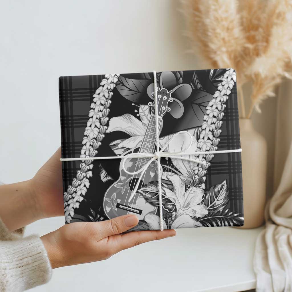 Hawaii Ukulele Wrapping Paper Tropical Flowers With Palaka Effect Black Version