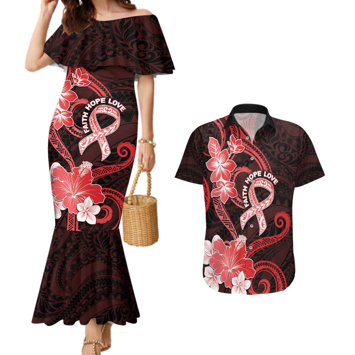 Heart Health Awareness Couples Matching Mermaid Dress and Hawaiian Shirt Warrior Wears Red Polynesian Style