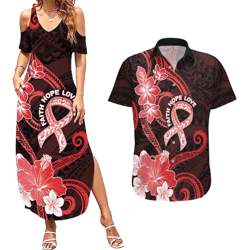 Heart Health Awareness Couples Matching Summer Maxi Dress and Hawaiian Shirt Warrior Wears Red Polynesian Style
