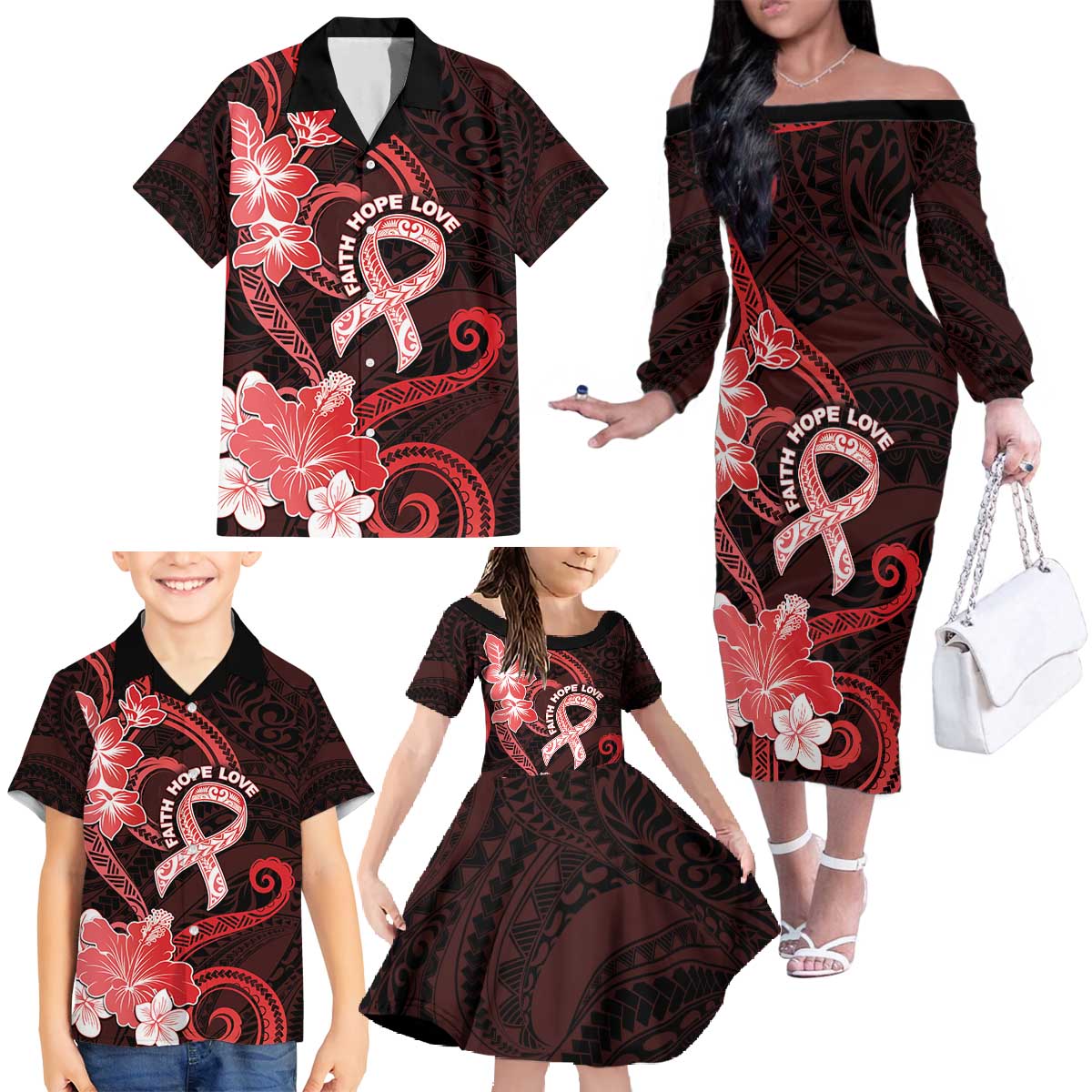 Heart Health Awareness Family Matching Off The Shoulder Long Sleeve Dress and Hawaiian Shirt Warrior Wears Red Polynesian Style