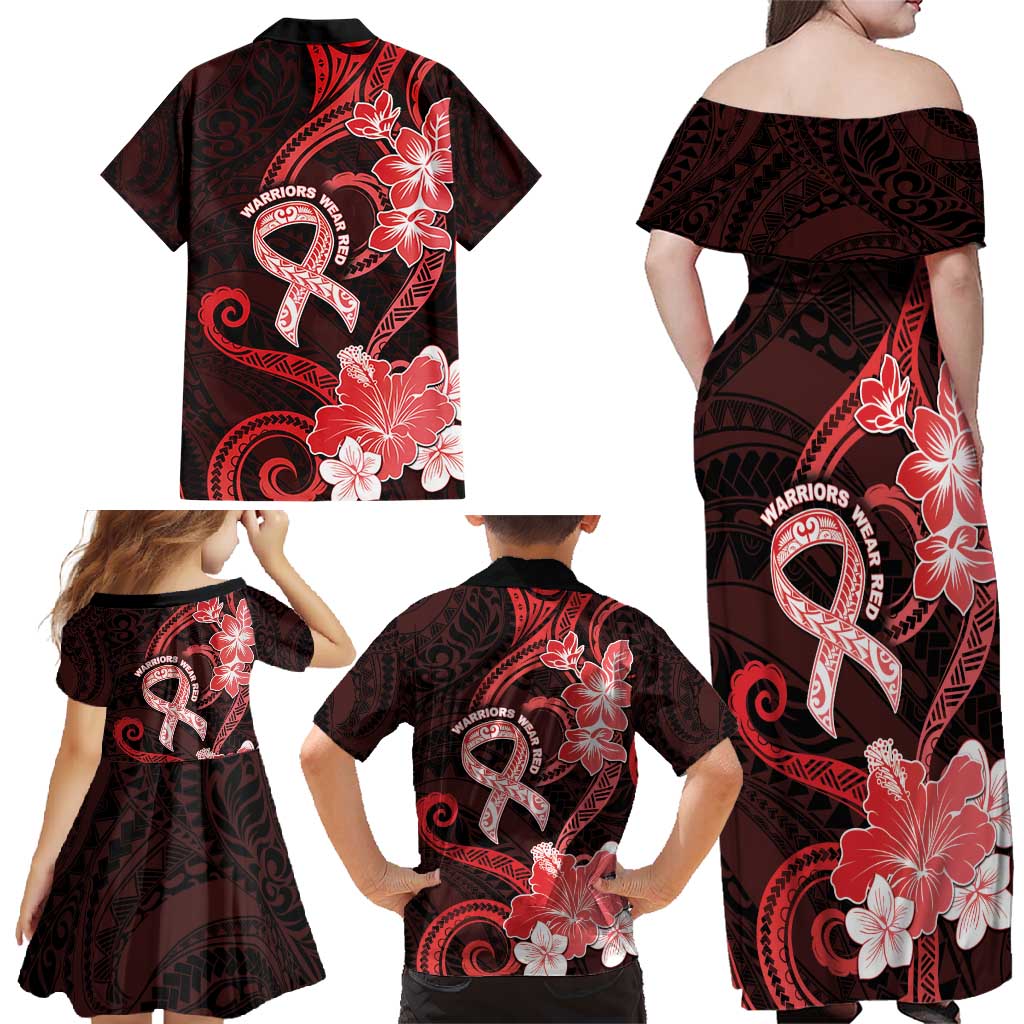 Heart Health Awareness Family Matching Off Shoulder Maxi Dress and Hawaiian Shirt Warrior Wears Red Polynesian Style