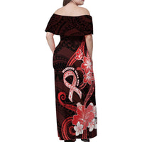 Heart Health Awareness Family Matching Off Shoulder Maxi Dress and Hawaiian Shirt Warrior Wears Red Polynesian Style