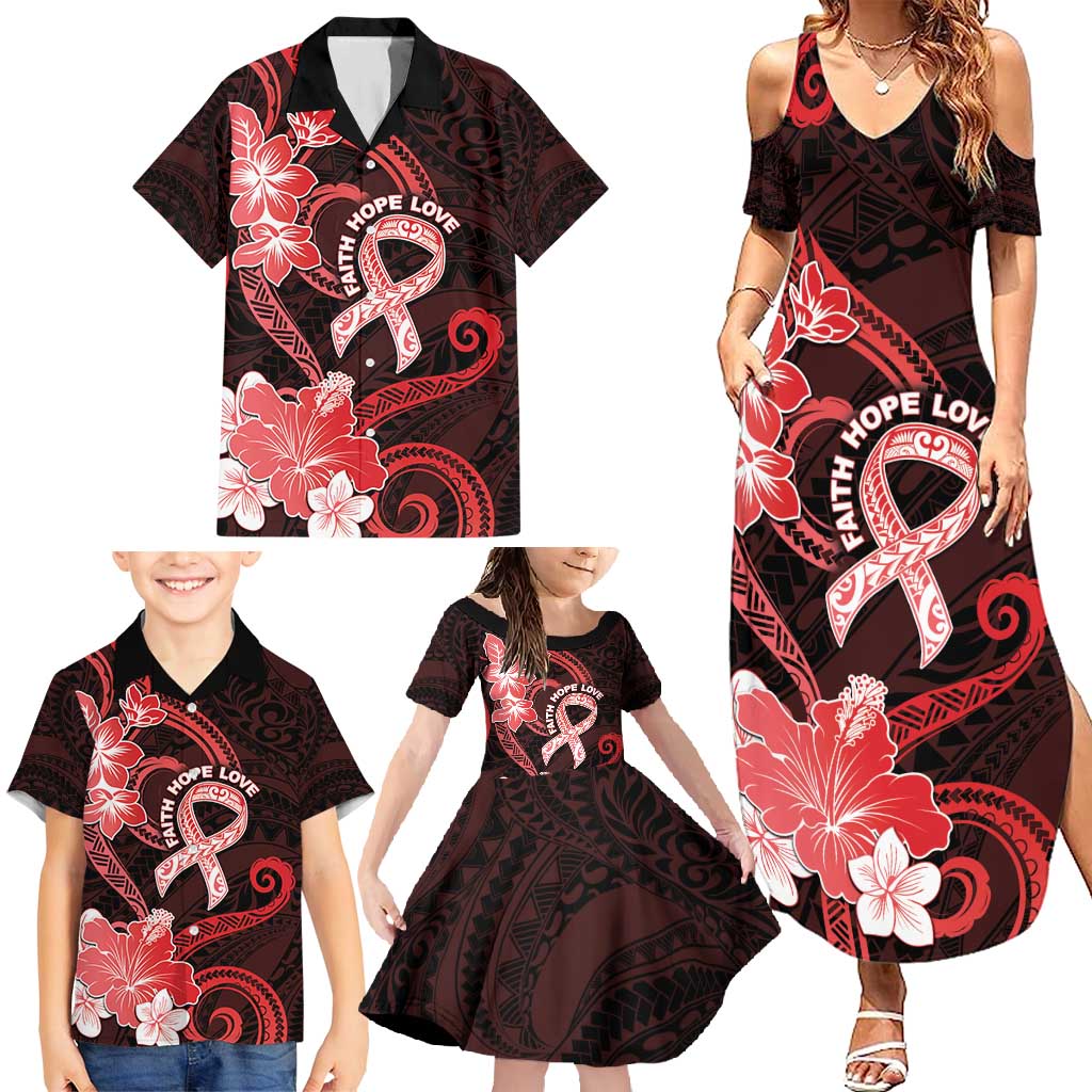 Heart Health Awareness Family Matching Summer Maxi Dress and Hawaiian Shirt Warrior Wears Red Polynesian Style