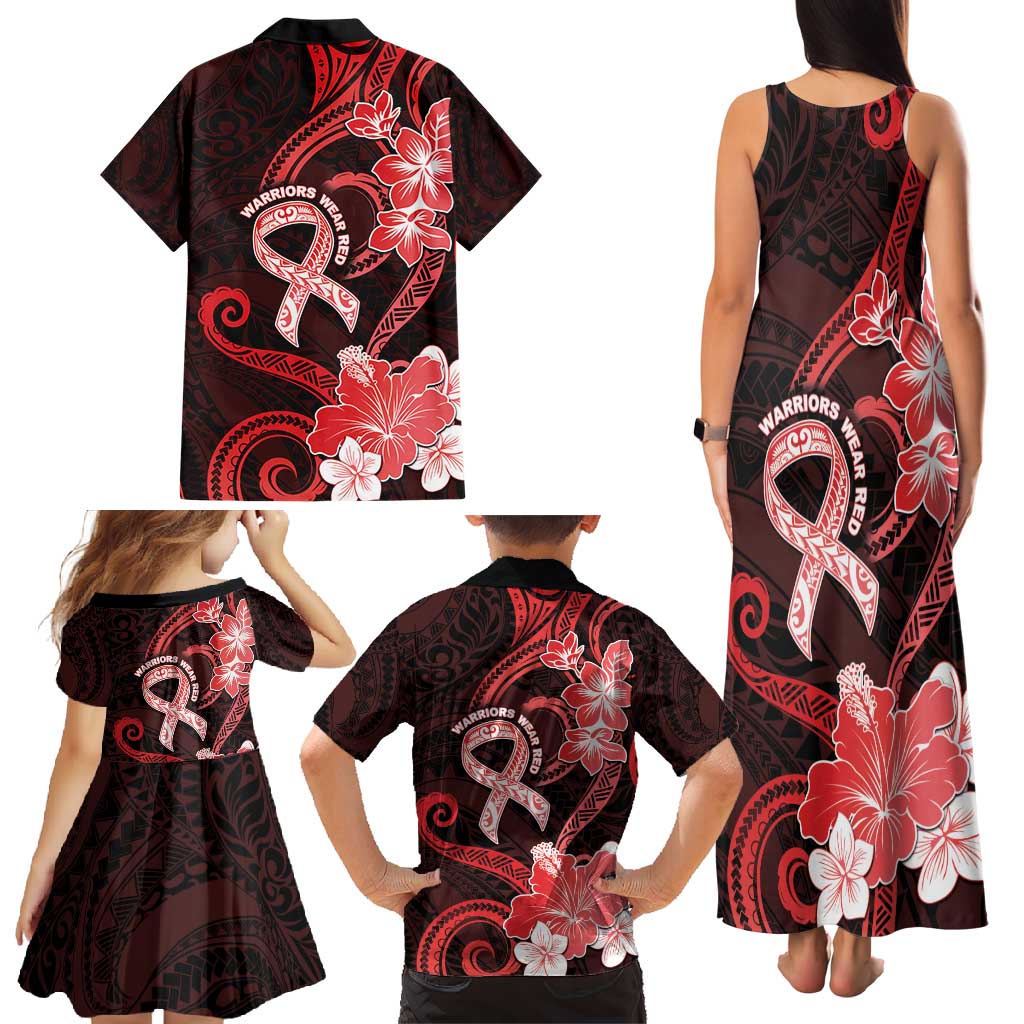 Heart Health Awareness Family Matching Tank Maxi Dress and Hawaiian Shirt Warrior Wears Red Polynesian Style