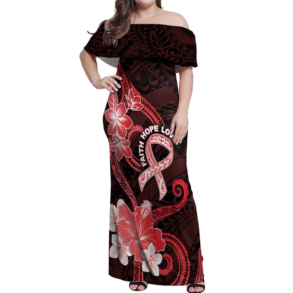 Heart Health Awareness Off Shoulder Maxi Dress Warrior Wears Red Polynesian Style