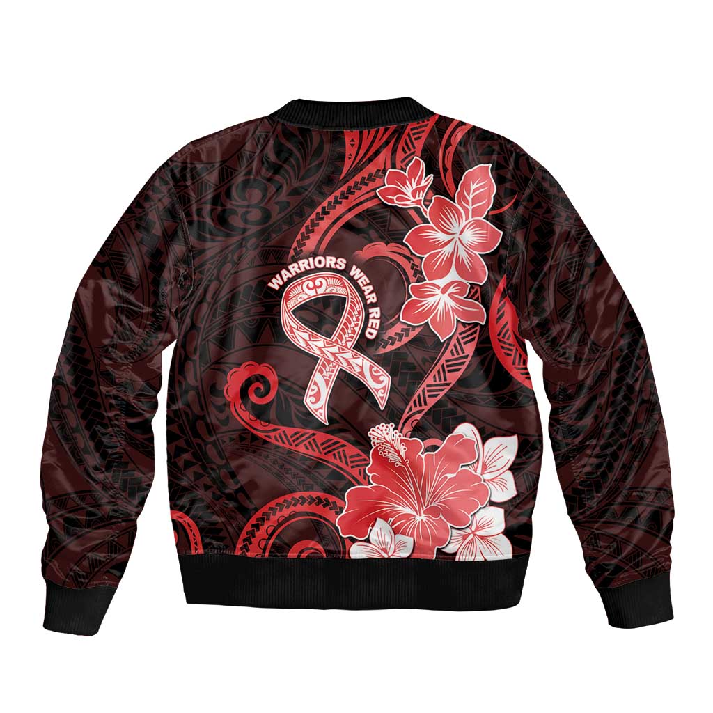 Heart Health Awareness Sleeve Zip Bomber Jacket Warrior Wears Red Polynesian Style