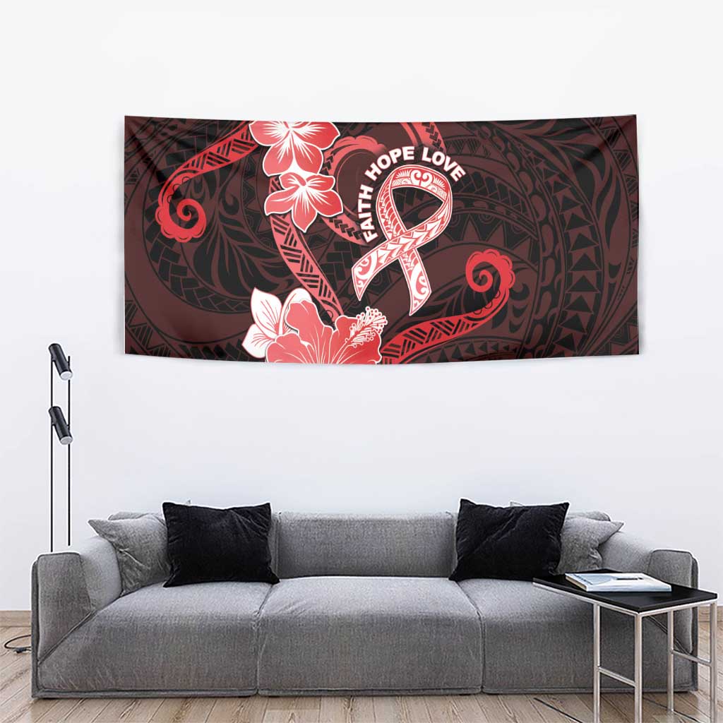 Heart Health Awareness Tapestry Warrior Wears Red Polynesian Style