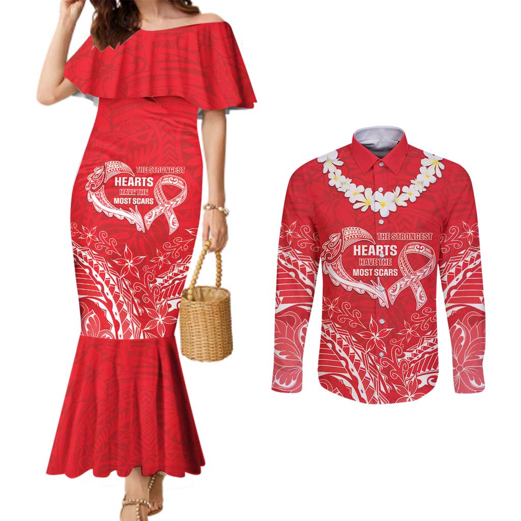 Heart Health Awareness Couples Matching Mermaid Dress and Long Sleeve Button Shirt Polynesian Red Ribbon