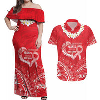 Heart Health Awareness Couples Matching Off Shoulder Maxi Dress and Hawaiian Shirt Polynesian Red Ribbon