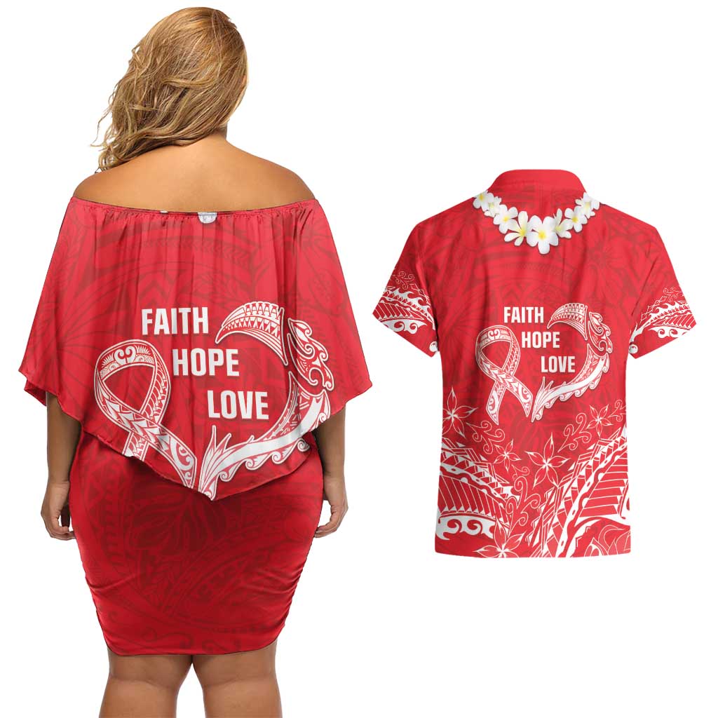 Heart Health Awareness Couples Matching Off Shoulder Short Dress and Hawaiian Shirt Polynesian Red Ribbon