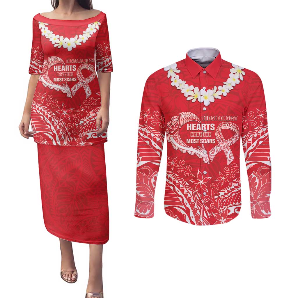 Heart Health Awareness Couples Matching Puletasi and Long Sleeve Button Shirt Polynesian Red Ribbon