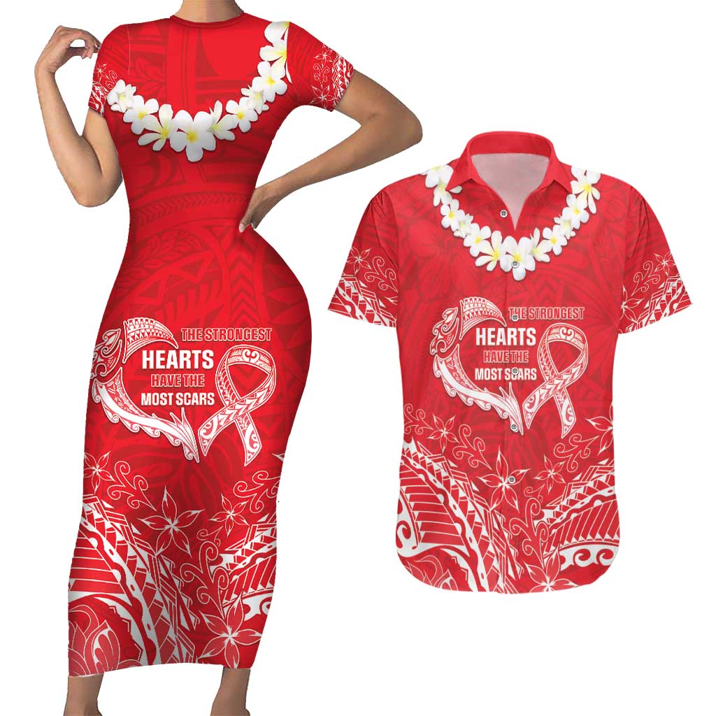 Heart Health Awareness Couples Matching Short Sleeve Bodycon Dress and Hawaiian Shirt Polynesian Red Ribbon