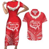 Heart Health Awareness Couples Matching Short Sleeve Bodycon Dress and Hawaiian Shirt Polynesian Red Ribbon