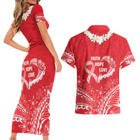 Heart Health Awareness Couples Matching Short Sleeve Bodycon Dress and Hawaiian Shirt Polynesian Red Ribbon