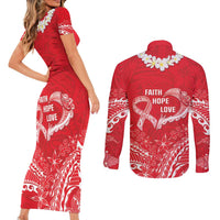 Heart Health Awareness Couples Matching Short Sleeve Bodycon Dress and Long Sleeve Button Shirt Polynesian Red Ribbon