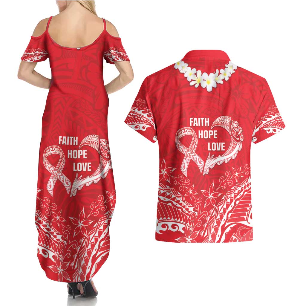 Heart Health Awareness Couples Matching Summer Maxi Dress and Hawaiian Shirt Polynesian Red Ribbon