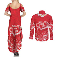Heart Health Awareness Couples Matching Summer Maxi Dress and Long Sleeve Button Shirt Polynesian Red Ribbon