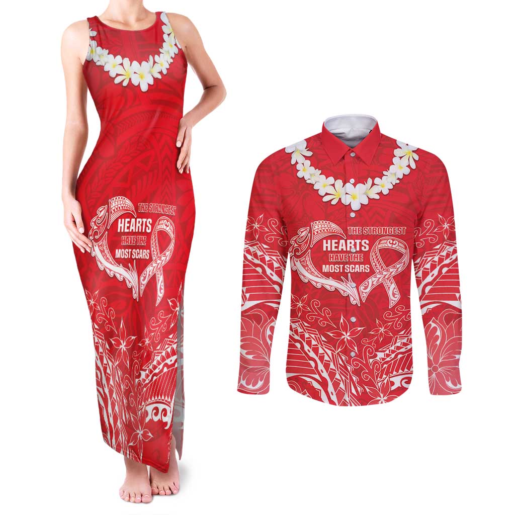 Heart Health Awareness Couples Matching Tank Maxi Dress and Long Sleeve Button Shirt Polynesian Red Ribbon