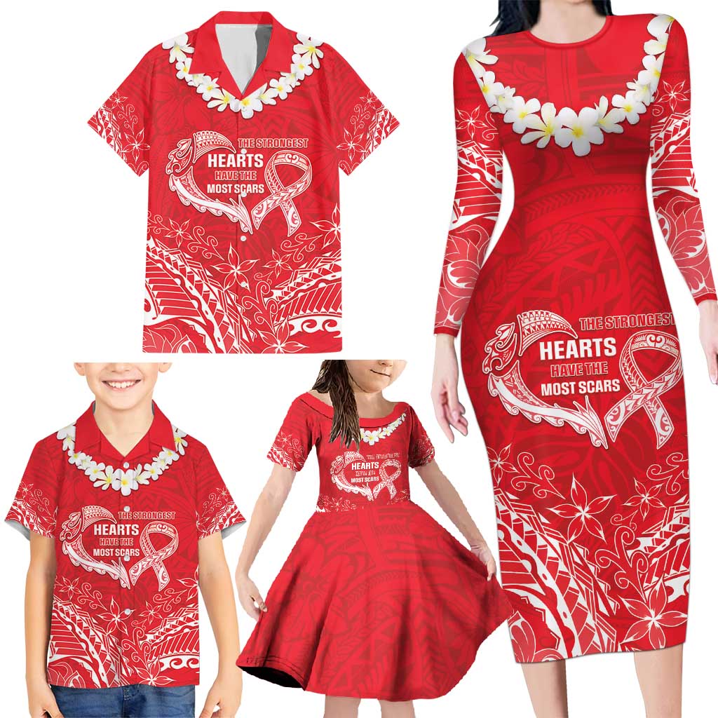 Heart Health Awareness Family Matching Long Sleeve Bodycon Dress and Hawaiian Shirt Polynesian Red Ribbon