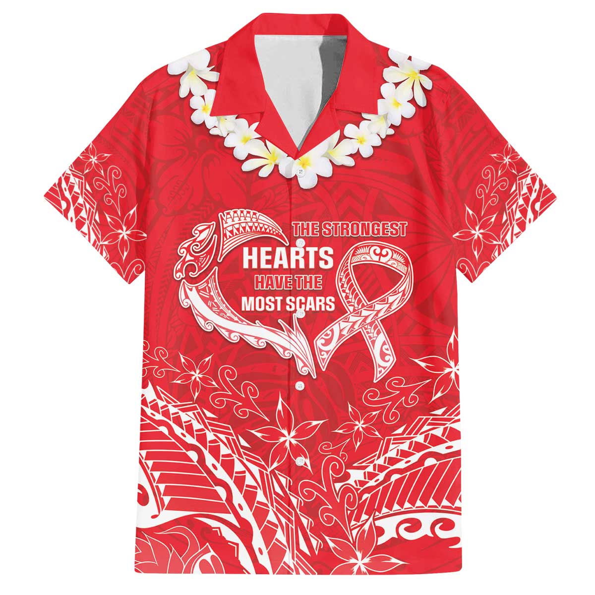 Heart Health Awareness Family Matching Off The Shoulder Long Sleeve Dress and Hawaiian Shirt Polynesian Red Ribbon