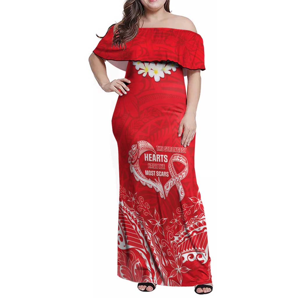 Heart Health Awareness Family Matching Off Shoulder Maxi Dress and Hawaiian Shirt Polynesian Red Ribbon