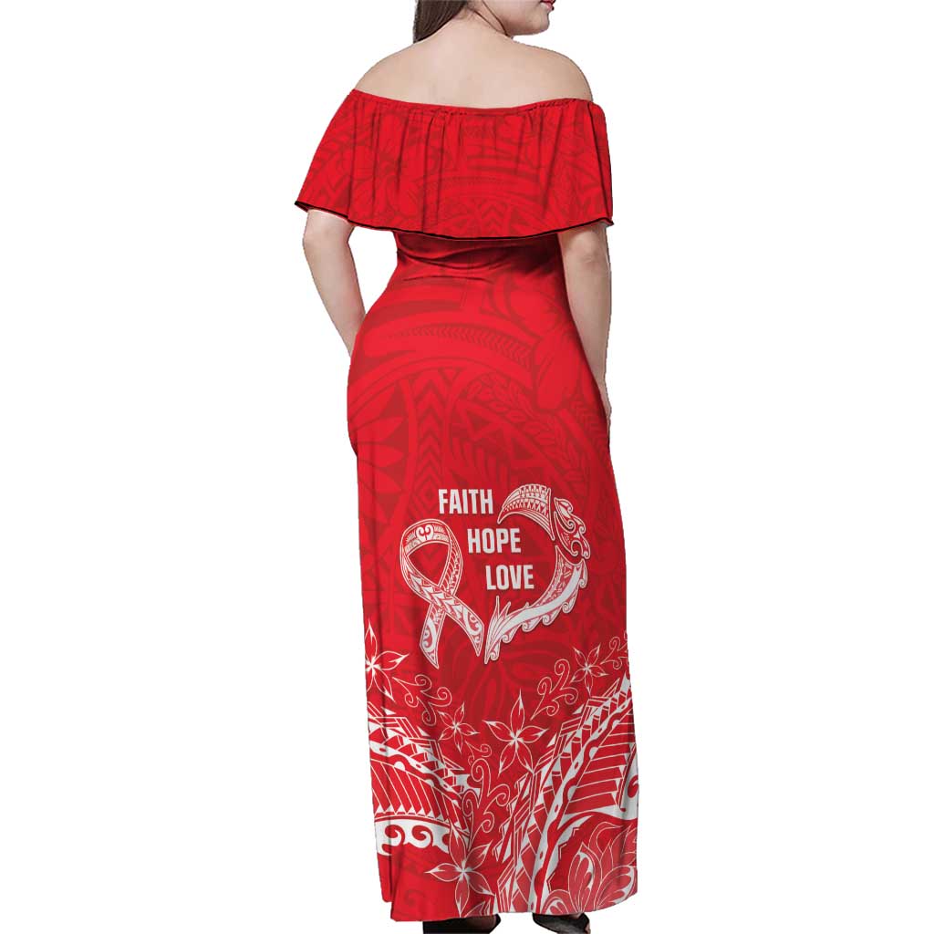 Heart Health Awareness Family Matching Off Shoulder Maxi Dress and Hawaiian Shirt Polynesian Red Ribbon