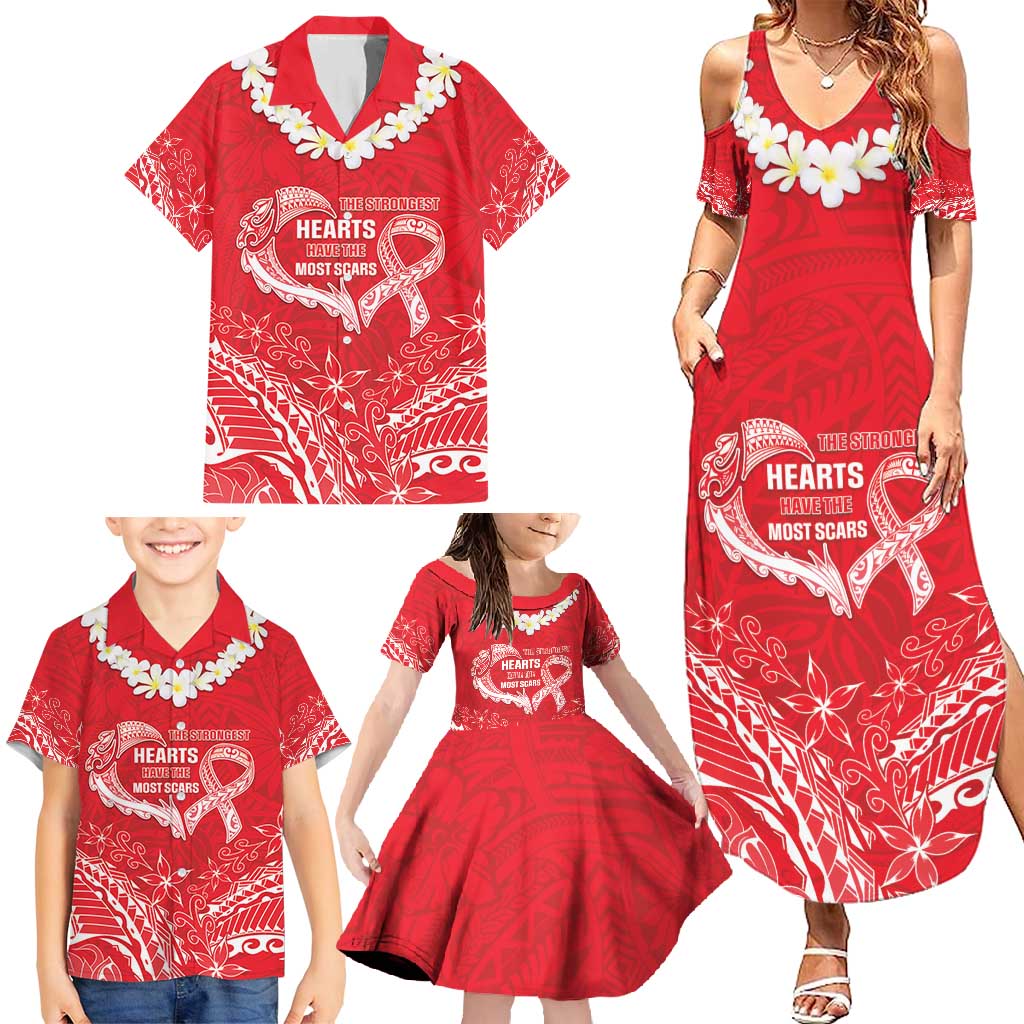 Heart Health Awareness Family Matching Summer Maxi Dress and Hawaiian Shirt Polynesian Red Ribbon