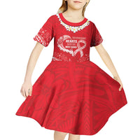 Heart Health Awareness Kid Short Sleeve Dress Polynesian Red Ribbon