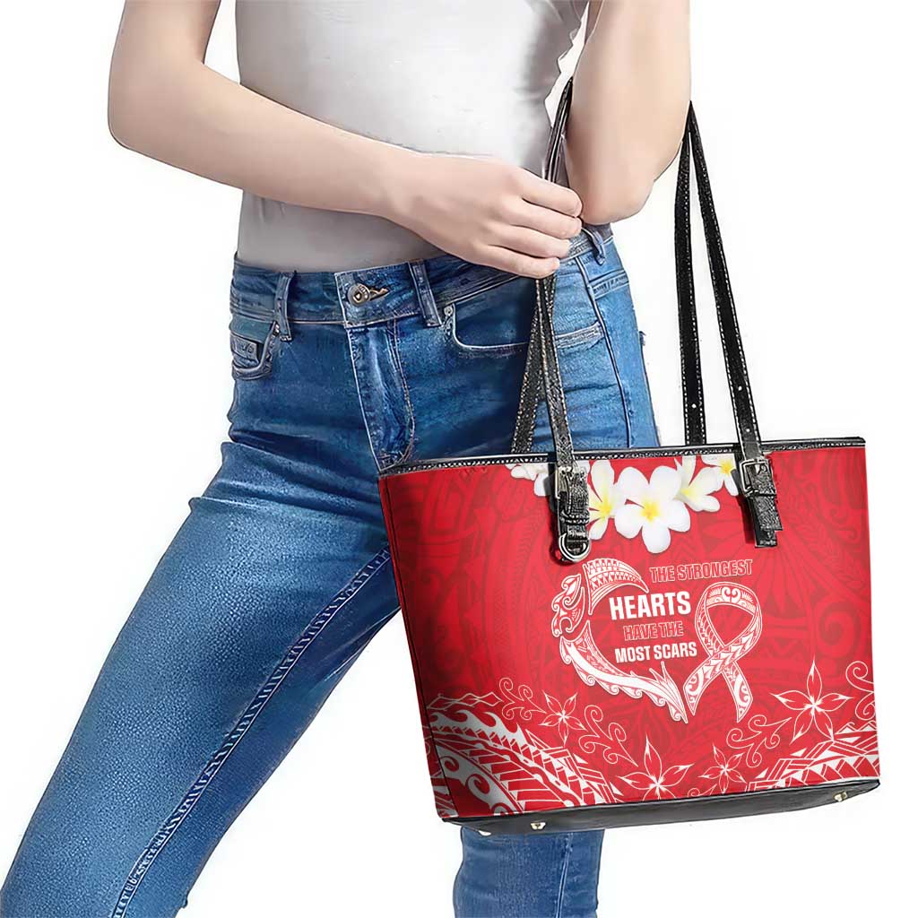 Heart Health Awareness Leather Tote Bag Polynesian Red Ribbon
