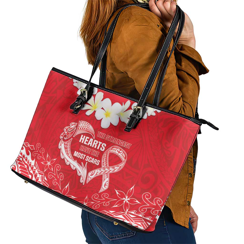 Heart Health Awareness Leather Tote Bag Polynesian Red Ribbon