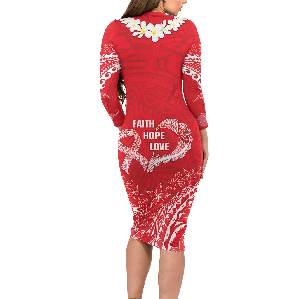 Heart Health Awareness Long Sleeve Bodycon Dress Polynesian Red Ribbon