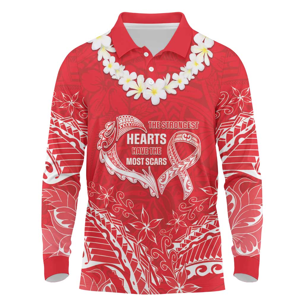 Heart Health Awareness Long Sleeve Polo Shirt Polynesian Red Ribbon