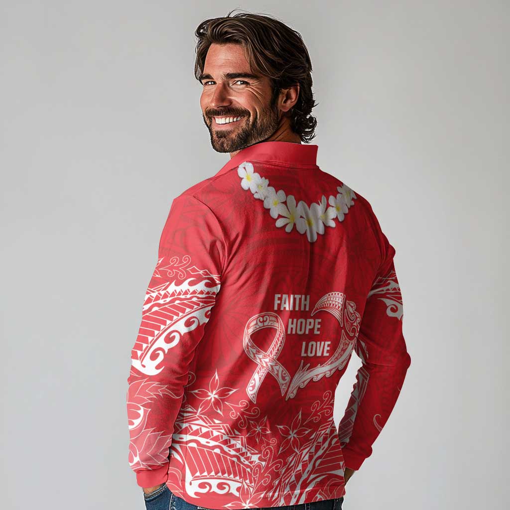 Heart Health Awareness Long Sleeve Polo Shirt Polynesian Red Ribbon