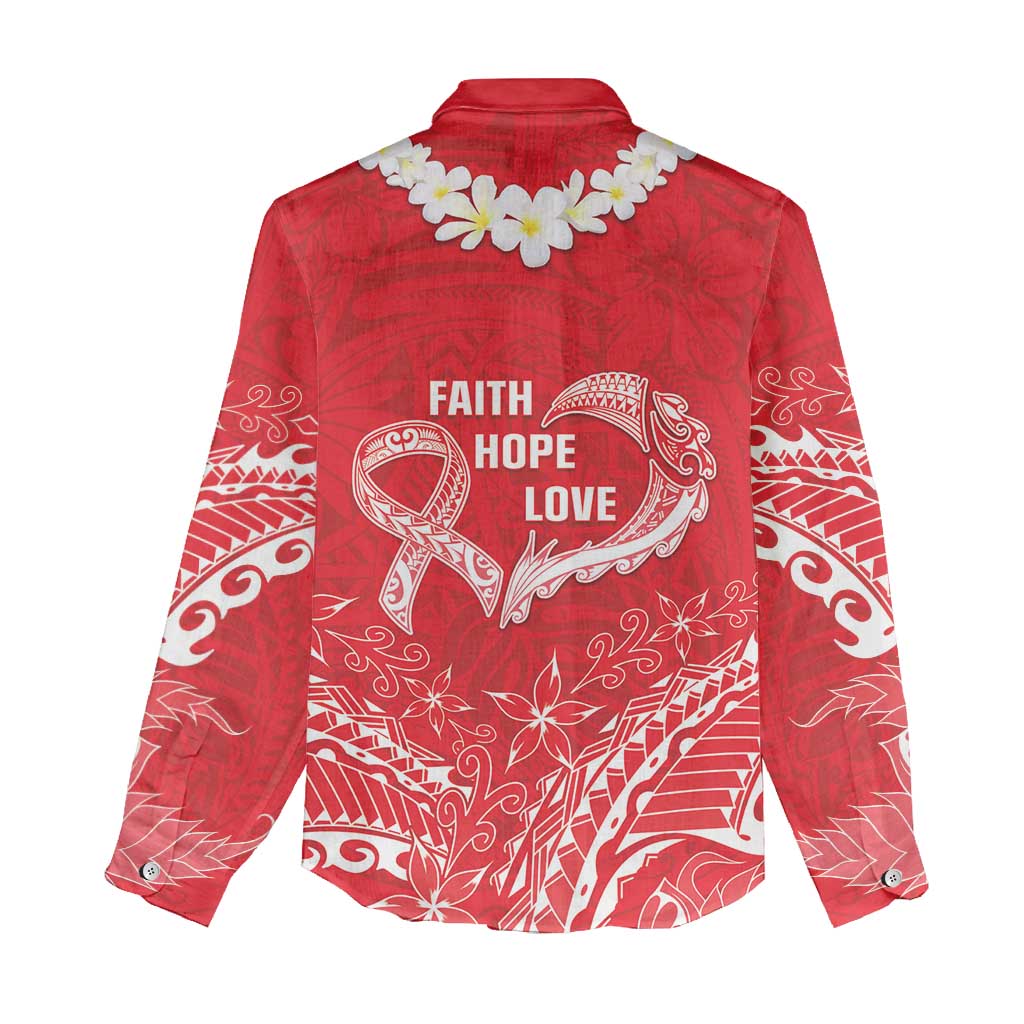 Heart Health Awareness Women Casual Shirt Polynesian Red Ribbon