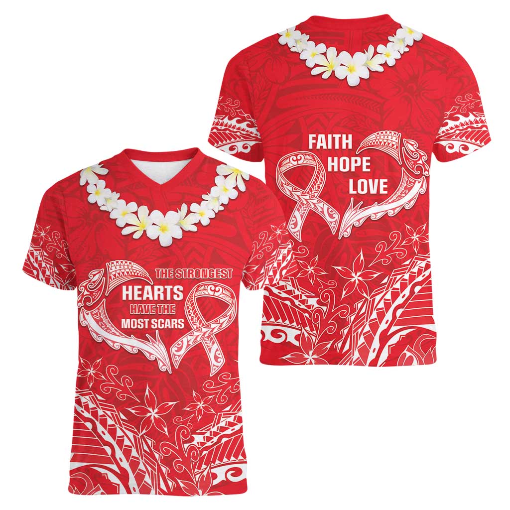 Heart Health Awareness Women V-Neck T-Shirt Polynesian Red Ribbon LT05 - Polynesian Pride