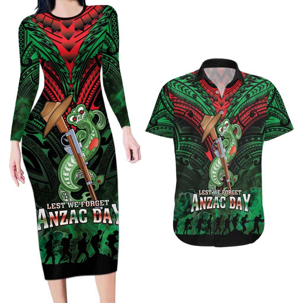 New Zealand ANZAC Day Couples Matching Long Sleeve Bodycon Dress and Hawaiian Shirt Aotearoa Hei Tiki